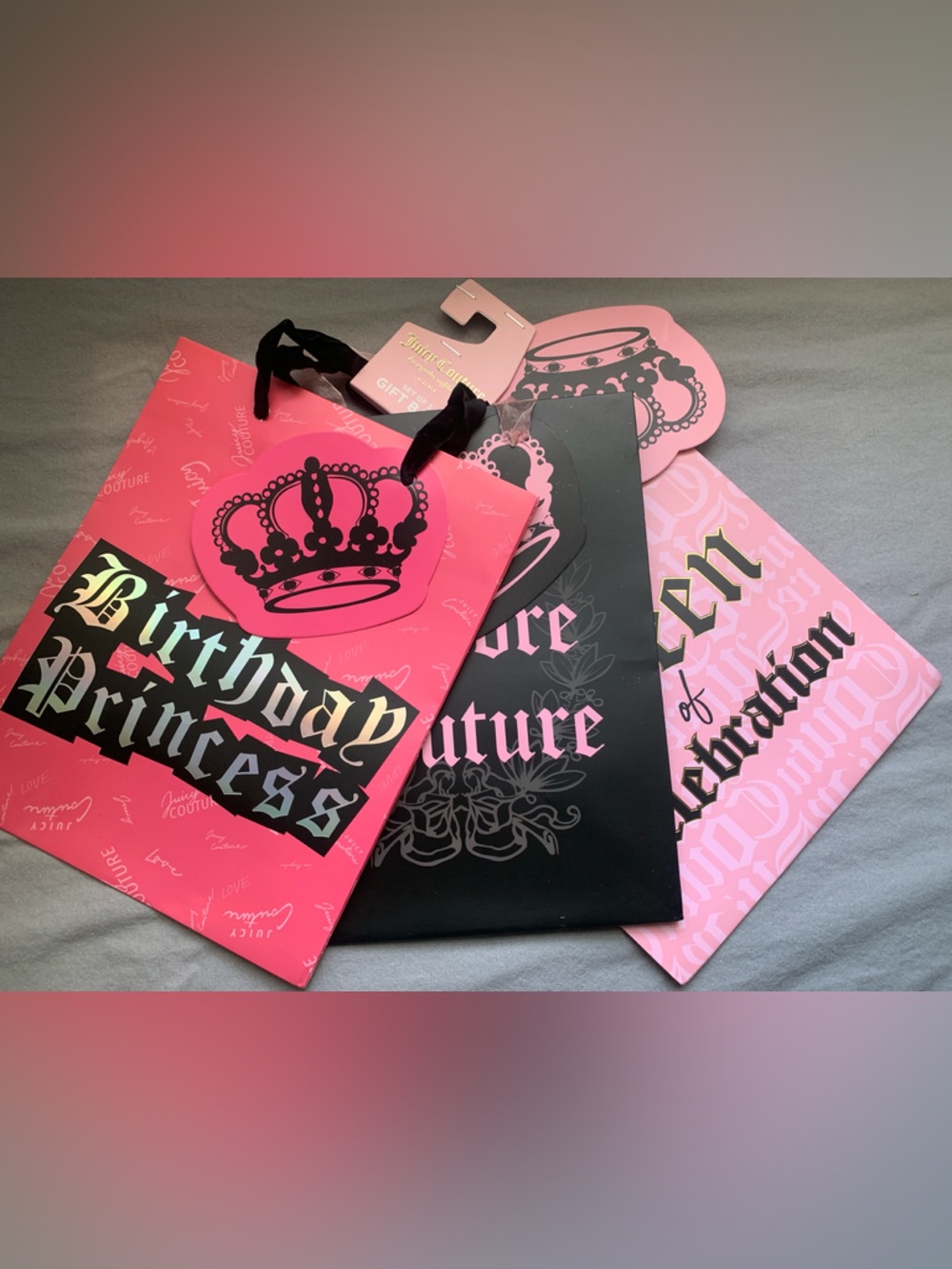 🆕- Juicy Couture Hot Pink, Black & Light Pink Crown Gift Bags